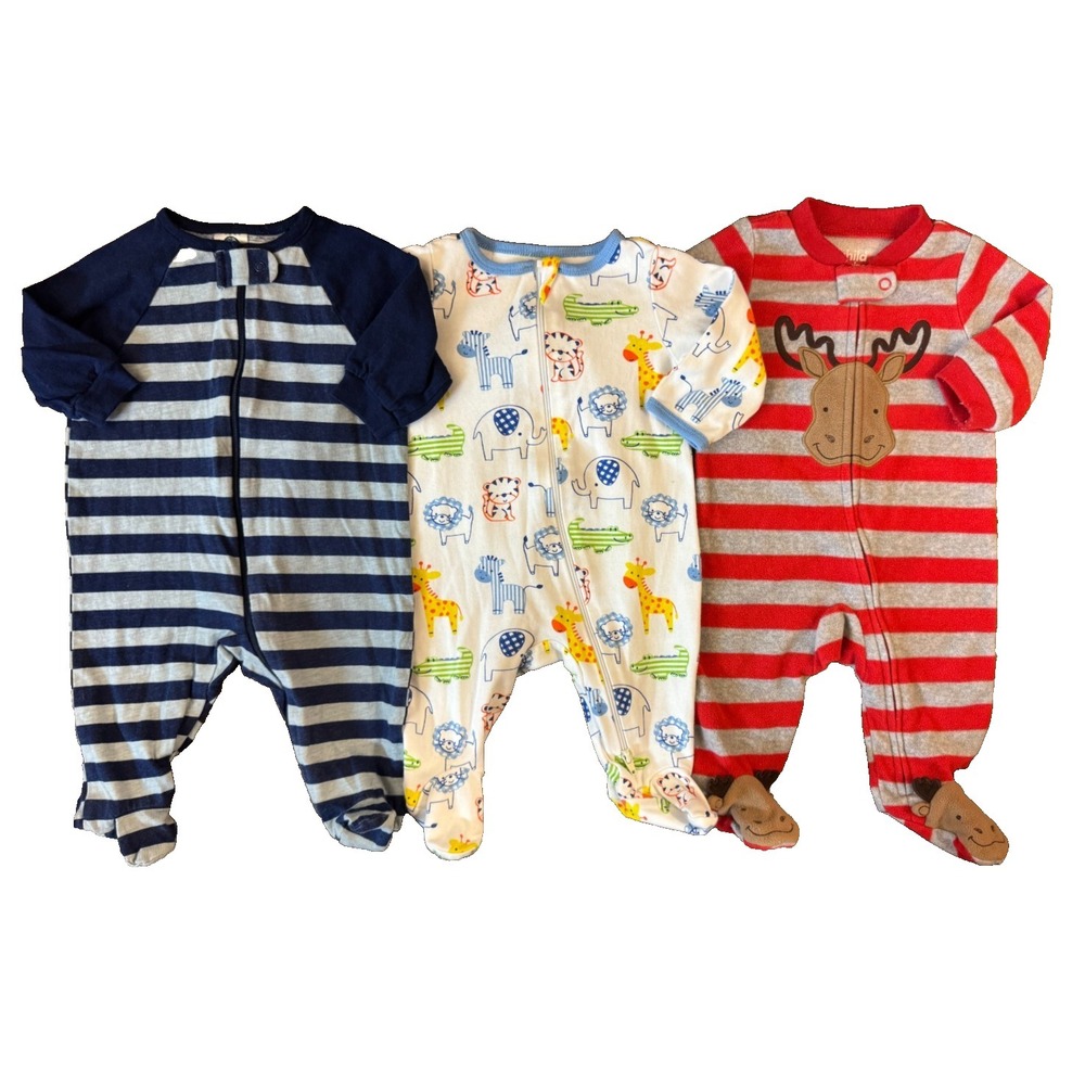 Baby Boy Sleepers 0/3 Months Outfits Zippered Pajamas Romper Clothes Lot Animals